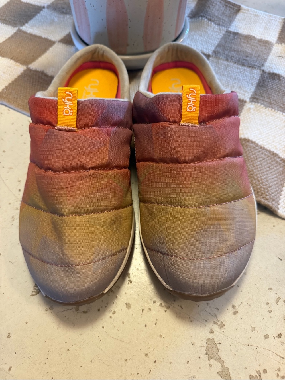 Ryka women’s Gradient Puffer Slip-Ons in Red, Yellow, Green